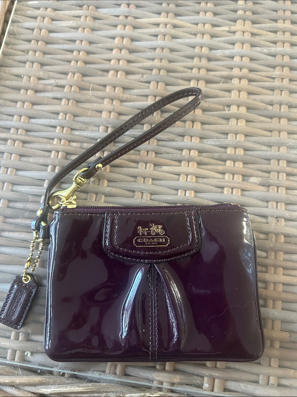 Coach Patent Leather Wristlet - Deep Plum with Gold Hardware